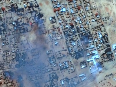 This handout image courtesy of Maxar Technologies released on April 17, 2025, shows smoke billowing and burned buildings in the Zamzam camp near the besieged Darfur city of Al Fashir. Photo by - / SATELLITE IMAGE ©2025 MAXAR TECHNOLOGIES / AFP Al Fashir city