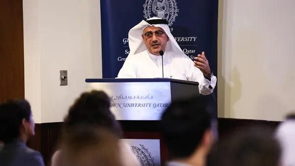 Ibrahim Mohamed Jaidah, group CEO and chief architect of the Arab Engineering Bureau delivering the lecture 