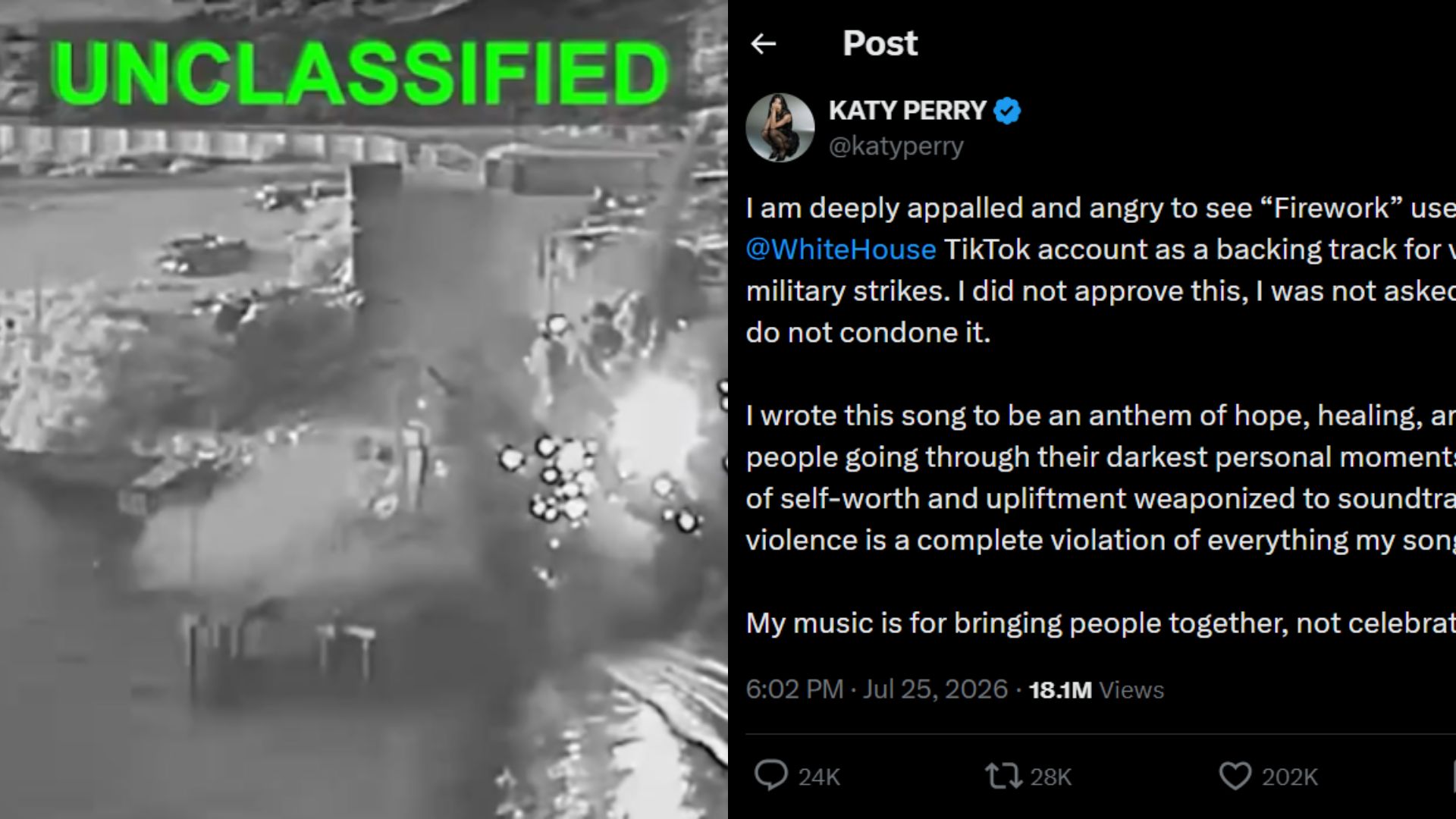 Katy Perry slams White House over using 'Firework' for US strikes on Iran footage