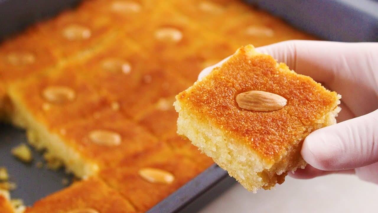 طريقة تحضير البسبوسة بالسميد الشيف حسن