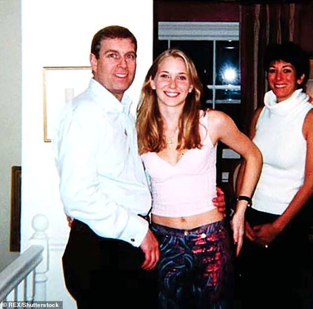Virginia Guiffre pictured with Prince Andrew and Ghislaine Maxwell