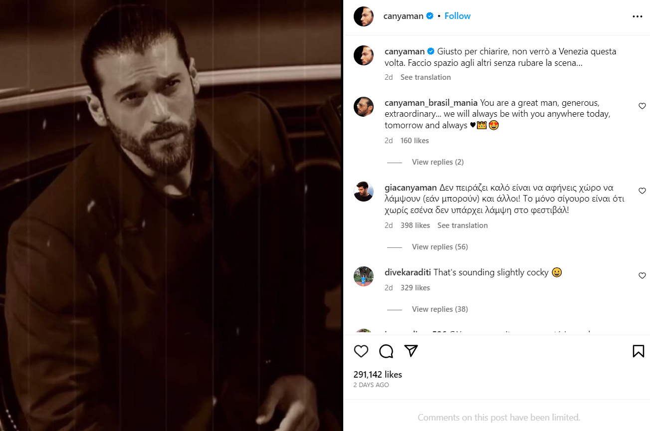Can Yaman, Demet Özdemir'le görüşmemek için Venedik Film Festivali'ne katılmadı Can Yaman non è andato alla Mostra del Cinema di Venezia per evitare l'incontro con Demet Özdemir
