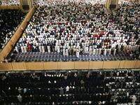 Muslim worshippers pray early on June 1, 2019 at Kuwait City's Grand Mosque on the occasion of Lailat al-Qadr, which marks the night in the fasting month of Ramadan during which the Koran was first revealed to Prophet Mohammed in the seventh century.  Yasser Al-Zayyat / AFP
