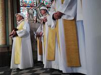 The Notre-Dame de Paris cathedral's rector Patrick Chauvet, attends the first mass in a side chapel two months to the day after a devastating fire engulfed the Notre-Dame de Paris cathedral on June 15, 2019, in Paris.Karine PERRET / POOL / AFP