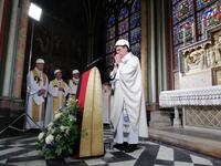 The Archbishop of Paris Michel Aupetit leads the first mass in a side chapel two months to the day after a devastating fire engulfed the Notre-Dame de Paris cathedral on June 15, 2019, in Paris. Karine PERRET / POOL / AFP
