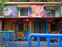 This picture taken on March 30, 2019 shows a dog sleeping in the courtyard of a house painted by Hakka graffiti artist Wu Tsun-hsien in the Taiwanese village of Ruan Chiao. Nestled in the mist-covered foothills of Taiwan's central mountain range, Ruan Chiao village is virtually devoid of young people, but artist Wu Tsun-hsien is coaxing the Instagram generation back by transforming local homes into a canvas of colour. Sam YEH / AFP