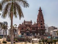 This picture taken on August 18, 2019 shows restoration works ongoing at the historic "Le Palais Hindou" (also known as the "Baron Empain Palace") built by in the early 20th century by Belgian industrialist Edouard Louis Joseph, Baron Empain, in the classical Khmer architectural style of Cambodia's Angkor Wat, in the Egyptian capital Cairo's northeastern Heliopolis district.  Khaled DESOUKI / AFP
