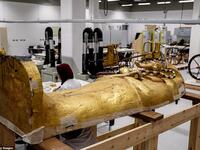 The sarcophagus, a box-like stone container, held three coffins for the body of the king. The outer coffins (pictured) were crafted in wood and covered in gold with the innermost coffin made of solid gold. (AFP/ File Photo)