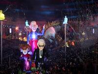 Giant figures depicting German fashion designer Karl Lagerfeld (R), and French fashion designers Sonia Rykiel (L) and Jean-Paul Gaultier are seen during the 136th Nice Carnival parade in Nice, southeastern France, on February 15, 2020. The Carnival takes place until February 29, 2020 on the theme 'King of Fashion'. VALERY HACHE / AFP