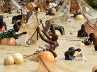 Fishermen try to catch fishes during the final of the revived Argungu fishing and cultural festival at Argungu Town, Kebbi State in northwest Nigeria, on March 14, 2020. Argungu fishing and cultural festival is one of the oldest and most widely attended festivals in the country dating back many generations, featuring series of water competitions and traditional games. The festival returned after 10 years suspension due to insecurity in northwest Nigeria. PIUS UTOMI EKPEI / AFP