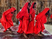 Wayuu girls prepare to perform the traditional La Yonna dance, in Tres Bocas, northern Colombia, on March 13, 2020. Juan BARRETO / AFP