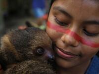 A Satere-Mawe indigenous girl hugs a sloth in the Wakiru community, in Taruma neighbourhood, a rural area west of Manaus, Amazonas State, Brazil, on May 17, 2020, during the COVID-19 coronavirus pandemic. Ricardo OLIVEIRA / AFP