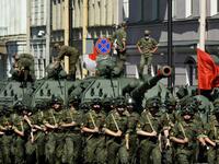 Russian servicemen wearing face masks take part in a rehearsal for June 24 military parade marking Soviet victory in World War II, which was postponed due to the coronavirus pandemic, at Dvortsovaya Square in Saint Petersburg on June 18, 2020. OLGA MALTSEVA / AFP