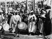 Musicians play during a ceremony on the Grand Socco place, in October 1945 in Tangiers, Morocco. AFP
