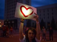Opposition supporters protest against disputed presidential elections results at Independence Square in Minsk on August 18, 2020. Sergei GAPON / AFP