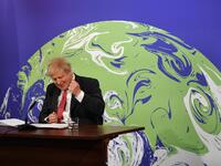Britain's Prime Minister Boris Johnson speaks during the opening session of the virtual US Leaders’ Summit on Climate from the Downing Street Briefing Room in central London 
