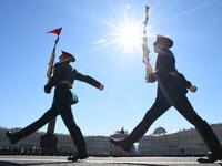 Russian honour guards march on Dvortsovaya Square during the Victory Day military parade in Saint Petersburg on May 9, 2021. Russia celebrates the 76th anniversary of the victory over Nazi Germany during World War II