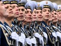 Russian sailors march along Red Square during the Victory Day military parade in Moscow on May 9, 2021. Russia celebrates the 76th anniversary of the victory over Nazi Germany during World War II. Russia celebrates the 76th anniversary of the victory over Nazi Germany during World War II