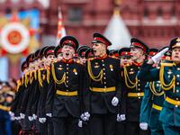 Russian servicemen march along Red Square during the Victory Day military parade in Moscow on May 9, 2021. Russia celebrates the 76th anniversary of the victory over Nazi Germany during World War II