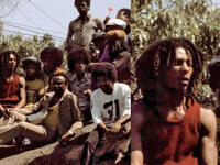 Bob Marley and Michael Jackson hanging out in Bob's backyard in Kingston.