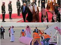  (السجاد الرسمي) دونالد ترامب: حطت طائرته أمام السجاد الأحمر الذي كان معتمدًا في استقبال ضيوف الدولة الرسميين من رؤساء ووزراء وسفراء، ومُمثلي الدول الشقيقة والصديقة. جو بايدن: حطت طائرته أمام السجاد البنفسجي الذي اعتمدته السعودية في عام 2021 الذي يعكس ترحيبَ أرض السعودية بعابريها، وكرمها الذي يتماثل مع كرم أهلها.