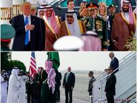 (حرس الشرف الملكي) دونالد ترامب: سار الملك سلمان بن عبدالعزيز معه بين صفين من حرس الشرف السعودي، ثم توقفا لبضع دقائق في صالة كبار الشخصيات. جو بايدن: لم يمشِ بين فرق الحرس الشرف الملكي وتوجه فورًا نحو المركبة التي نقلته إلى قصر السلام.
