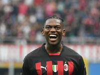 AC Milan's Portuguese forward Rafael Leao celebrates scoring his team's third goal during the Italian Serie A football match between AC Milan and Inter Milan at the San Siro stadium in Milan on September 3, 2022. (Photo by Isabella BONOTTO / AFP)