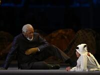 US actor Morgan Freeman (L) and Qatari YouTuber Ghanim al-Muftah 