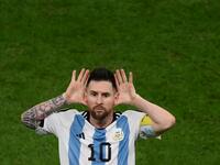 Argentina's forward #10 Lionel Messi celebrates after he scores his team's second goal from the penalty spot during the Qatar 2022 World Cup quarter-final football match between The Netherlands and Argentina at Lusail Stadium, north of Doha on December 9, 2022. (Photo by FRANCK FIFE / AFP)