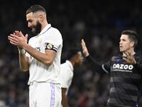 Real Madrid's French forward Karim Benzema reacts during the Spanish league football match between Real Madrid CF and Real Sociedad at the Santiago Bernabeu stadium in Madrid on January 29, 2023. (Photo by OSCAR DEL POZO / AFP)