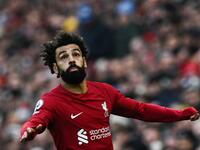 Liverpool's Egyptian striker Mohamed Salah reacts during the English Premier League football match between Liverpool and Chelsea at Anfield in Liverpool, north west England on January 21, 2023. (Photo by Paul ELLIS / AFP)
