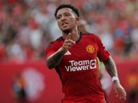 Jadon Sancho of Manchester United celebrates after scoring during the friendly football match between Manchester United and Arsenal at MetLife Stadium in East Rutherford, New Jersey, on July 22, 2023. (Photo by Leonardo Munoz / AFP)