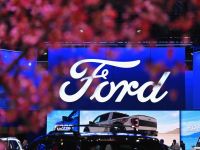 The Ford logo is displayed during the New York International Auto Show at the Jacob Javits Convention Center in New York City on March 27, 2024. (Photo by ANGELA WEISS / AFP)