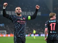 Manchester City's English defender #02 Kyle Walker celebrates during the UEFA Champions League round of 16, first-leg football match between FC Copenhagen and Manchester City in Copenhagen, Denmark, on February 13, 2024. (Photo by Jonathan NACKSTRAND / AFP)