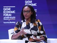 The CEO of RwandAir, Yvonne Makolo, speaks during a breakout session on Connecting the Middle East and Africa at the Qatar Economic Forum in Doha on May 15, 2024. (Photo by KARIM JAAFAR / AFP)