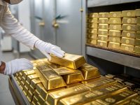 أيدي مصرفية ترتدي قفازات بيضاء، مدير خزنة بنك يحمل قطعة من الذهب، مفهوم الاحتياطيات الوطنية من الذهب. مدخرات واستثمارات، أعمال ومالية.