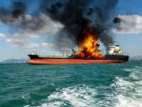 حريق في سفينة شحن. سفينة محمّلة بالغاز المسال تلتهمها النيران. انفجار وحريق.