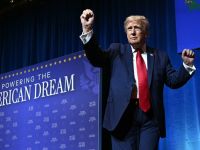 Donald Trump dances on the stage 