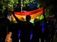 Indian members and supporters of the lesbian, gay, bisexual, transgender (LGBT) community celebrate the Supreme Court decision to strike down a colonial-era ban on gay sex, during heavy rainfall in New Delhi on September 6, 2018. 
CHANDAN KHANNA / AFP
