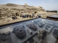 Monuments are displayed during a new discovery made by an Egyptian archaeological mission through excavation work at an area located on the stony edge of King Userkaf pyramid complex. (KHALED DESOUKI /AFP)
