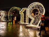 A woman walks in front of an illuminated "2019" sign on a square in central Moscow on December 30, 2018, ahead of the new year. 
Mladen ANTONOV / AFP