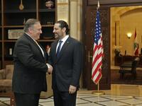 US Secretary of State Mike Pompeo (L) is welcomed by Lebanon's Prime Minister Saad Hariri (R) upon his arrival to the capital Beirut on March 22, 2019. 
ANWAR AMRO / AFP