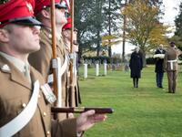 Britain's Prime Minister Theresa May (3rdR) and Belgium's Prime Minister Charles Michel (2ndR) attend to a commemoration of the 100th anniversary of the end of the First World War at the Saint-Symphorien Military Cemetery, near Mons, on November 9, 2018. 
BENOIT DOPPAGNE / Belga / AFP