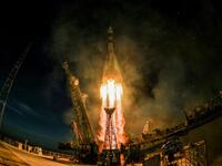 A Soyuz MS-11 rocket carrying Russian, American and Canadian astronauts takes off from the Baikonur Cosmodrome on December 3, 2018 before reached orbit later, the first manned mission since a failed launch in October. 
Kirill KUDRYAVTSEV / AFP