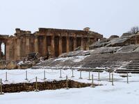 Partial view of the snow-clad Roman ruins in the city of Baalbeck in Lebanon's Bekaa valley. 
STRINGER / AFP