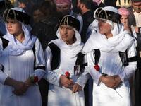 Iraqi Yazidis attend the funeral of the Mir Takhsin-Beg (Tahseen Said Ali), the hereditary leader of the Yazidi community in the world, in the town of Sheikhan, 50km northeast of Mosul.
SAFIN HAMED / AFP