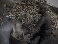 A man adds some cow horns to the boiling water to clean them at Kaduna Abatour meat market in North Kaduna CRISTINA ALDEHUELA / AFP