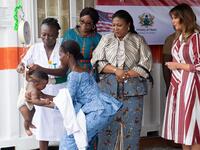 US First Lady Melania Trump (R) and Rebecca Akufo-Addo (3rdR) watch as a baby is weighed during a visit to the Greater Accra Regional Hospital in Accra, on October 2, 2018. (SAUL LOEB / AFP)