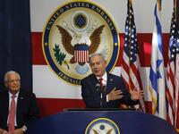 US ambassador to Israel David Friedman listens as Israel's Prime Minister Benjamin Netanyahu delivers a speech during the opening of the US embassy in Jerusalem on May 14, 2018. MENAHEM KAHANA / AFP