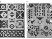 More than just pretty designs, Palestinian embroidery patterns carry deeper meanings, for example: Moon of Bethlehem (A1), Damask Rose (A5), Serpent (A11), Cauliflower (B1), Pigeon (B7), and Rainbow (B9) (Palestinian Embroider). (Palestinianembroider.tripod)